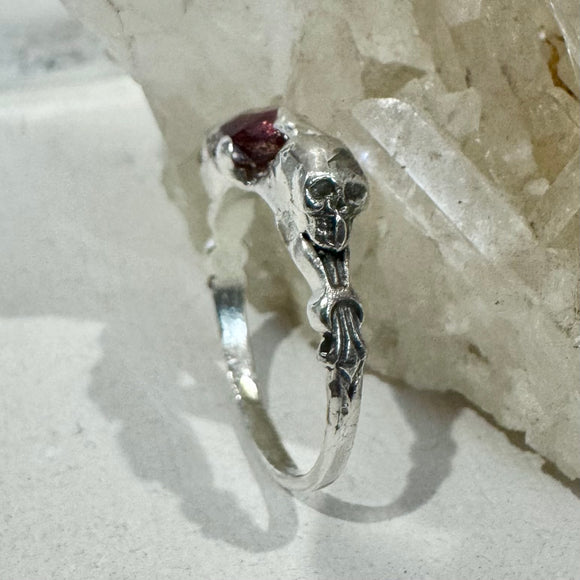 Skulls and Garnet Ring- size 7-ONE OF A KIND - READY TO SHIP